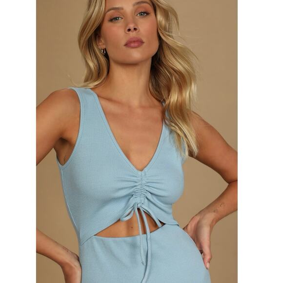 Lulus Go With You Light Blue Ribbed Ruched Cutout Sleeveless Bodycon Dress Sz L - Picture 5 of 9